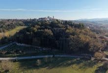 1 il bosco dei Frati Cappuccini e dietro il borgo di Peccioli